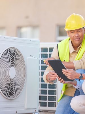 Air conditioner, building maintenance and teamwork with tablet, smile and development with engineer.